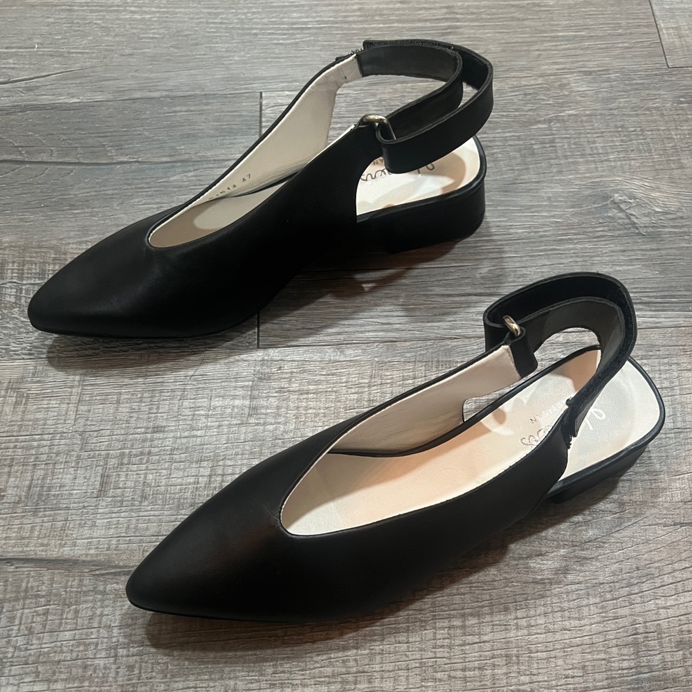 NWOB Homers Black Pointy Toe Sling Back Block Heel Hand Crafted Shoes Size 36.5